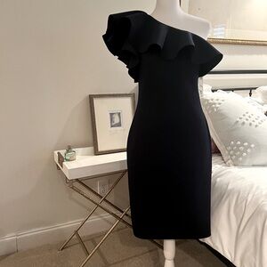 Eliza J Navy One-Shoulder Ruffle Neck Scuba Midi Dress